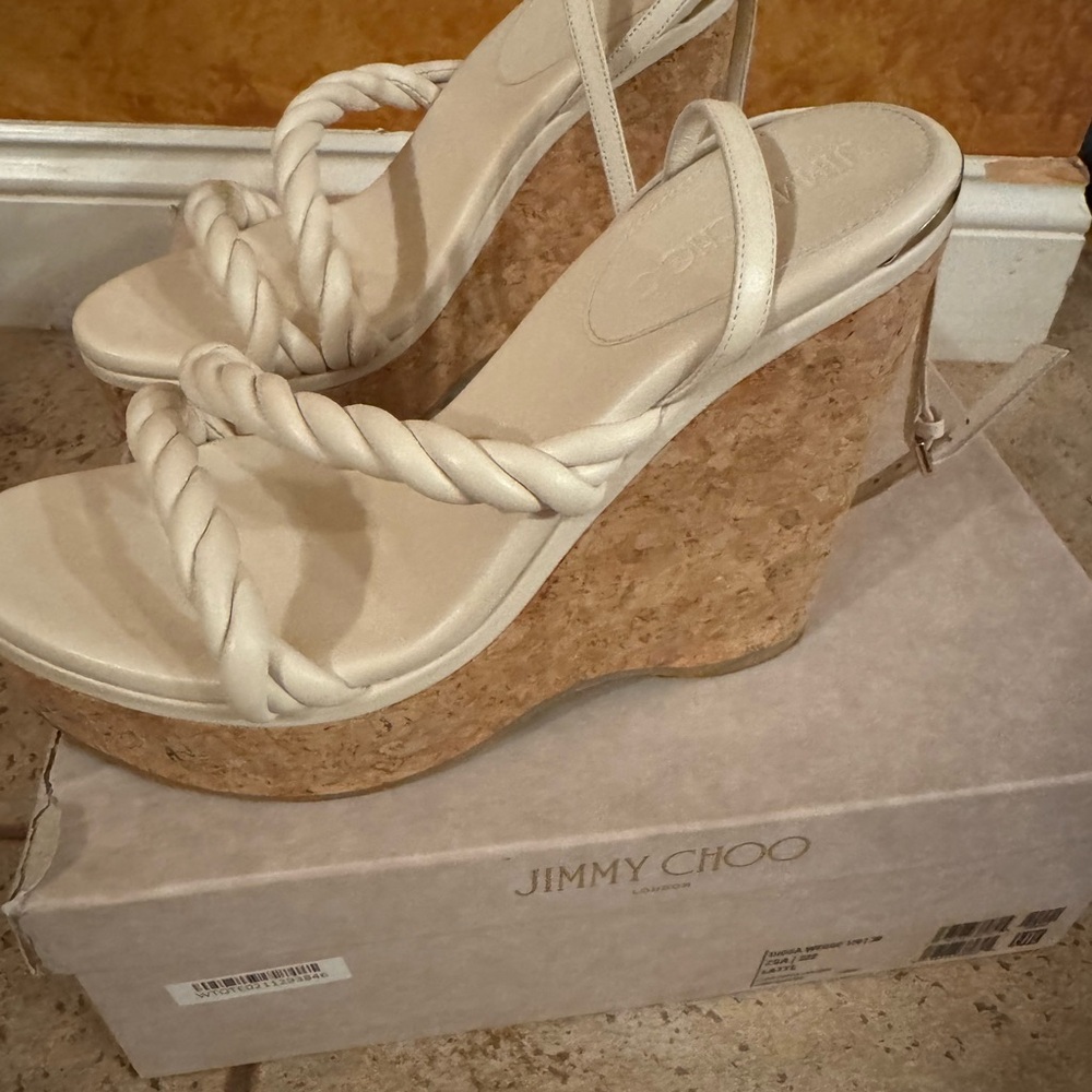 Jimmy Choo Cream Strappy “Diosa Wedge” Sandals - Picture 2 of 7